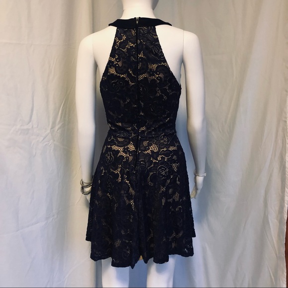 Crystal Doll 5 navy lace over nude halter mini dress - Picture 2 of 9